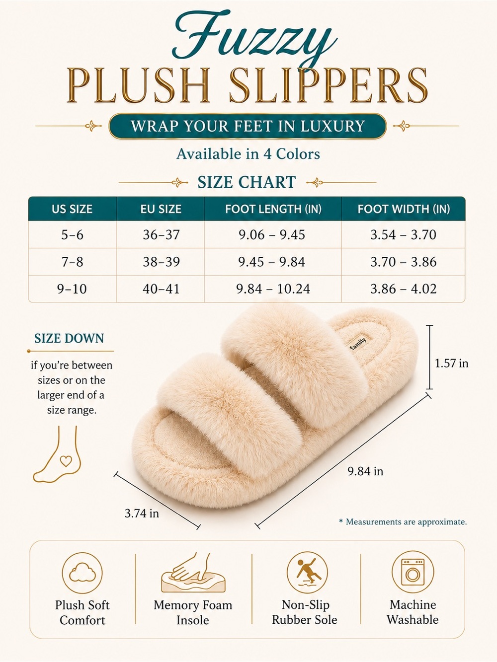 Plush Memory Foam, Fuzzy Non-Slip Cozy Fur Slip-On Slippers-Beige